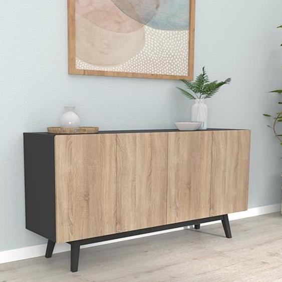 Bahut HOME 4 portes 2 tiroirs / Noir et Chêne Blanchi - HOME - Buffet bas - Aspect bois
