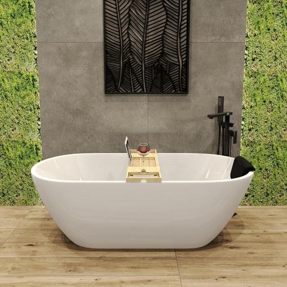 Baignoire à poser 170x75 Blanc Moderne Exclusive Acrylique Garniture de vidage VIEGA + appuie-tête noir + tablette de bain en bambou | BADLAND ASGER