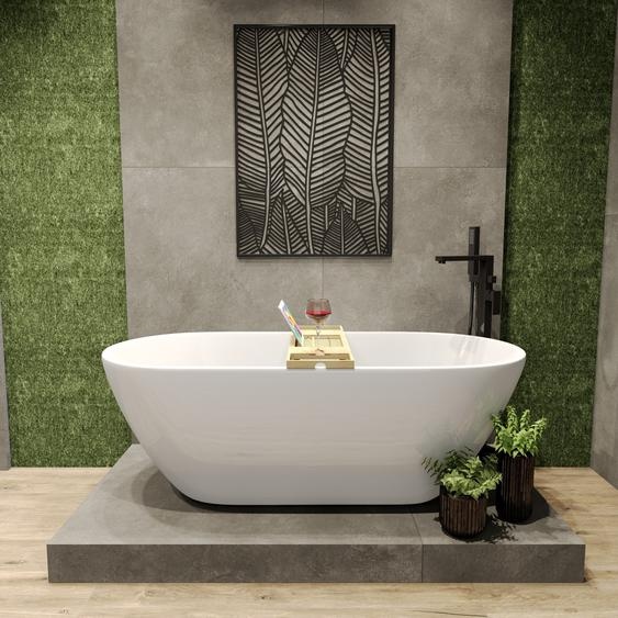 Baignoire à poser 170x75 Blanc Moderne Exclusive Acrylique VIEGA Click-Clack + tablette de bain en bambou | BADLAND ASGER