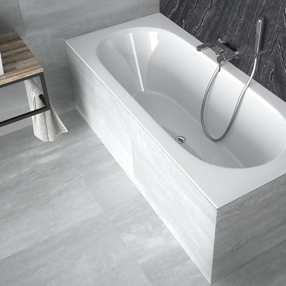 Baignoire acrylique 4-en-1 Rectangulaire 170x75 Blanc + bord en polystyrène (4 cm), siphon moderne et pieds (cadre) inclus | BADLAND VITAE SLIM