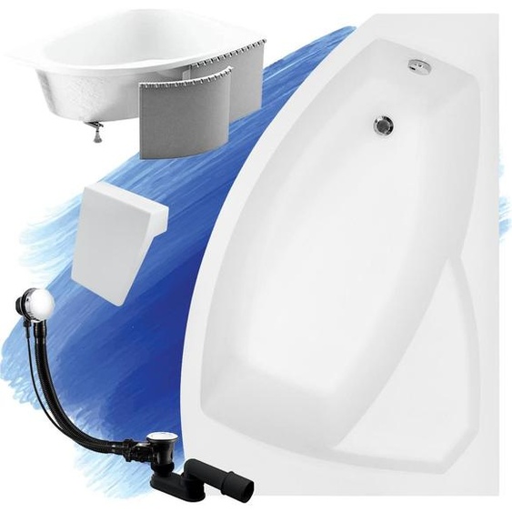 Baignoire acrylique 5en1 asymétrique 170x110 droite blanche + cuve en polystyrène + appui-tête blanc, siphon moderne et cadre | BADLAND RIMA