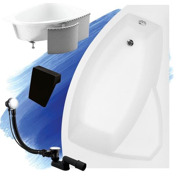 Baignoire acrylique 5en1 asymétrique 170x110 droite blanche + cuve en polystyrène + appui-tête noir, siphon moderne et cadre | BADLAND RIMA