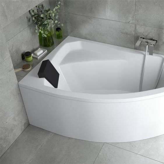 Baignoire acrylique 5en1 asymétrique 170x110 gauche blanc + cabine acrylique + appui-tête noir, siphon et cadre modernes Premium | BADLAND RIMA