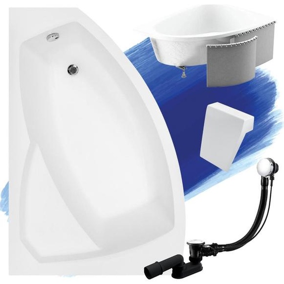 Baignoire acrylique 5en1 asymétrique 170x110 gauche blanc + cuve en polystyrène + appui-tête blanc, siphon et cadre modernes de qualité supérieure | BADLAND RIMA