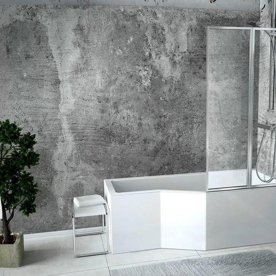 Baignoire asymétrique - 150 x 75 cm - Gauche - avec Tablier - Pieds - Pare Baignoire 3 Volets - Vidage Chrome - INTEGRA