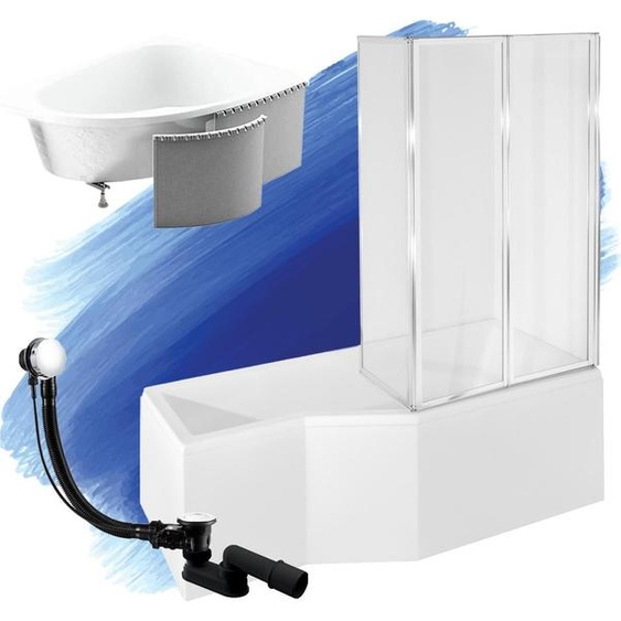 Baignoire dangle 170x75 droite avec revêtement en polystyrène, paroi en verre, écoulement & pieds S | Set complet 5en1 baignoire acrylique | BADLAND INTEGRA