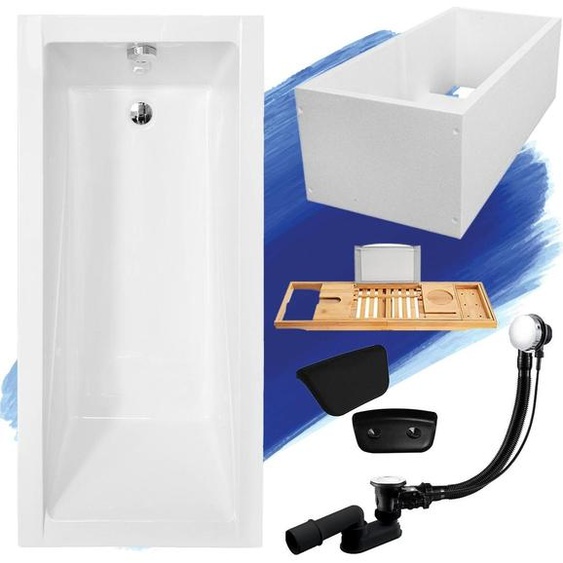 Baignoire rectangulaire 130x70 avec vidage et pieds S + support de baignoire + tablette en bois de bambou + appuie-tête en noir | BADLAND MODERNE