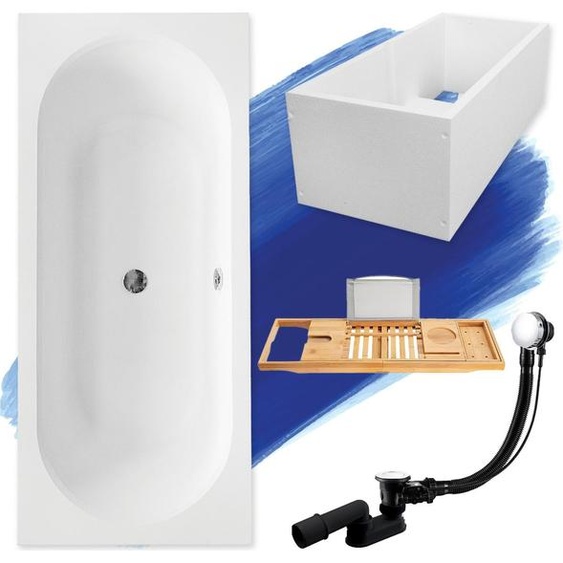 Baignoire rectangulaire 180x80 + support de baignoire + étagère en bambou, écoulement & pieds S | Set complet 5in1 baignoire originale acrylique siphon | BADLAND VITAE