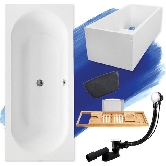 Baignoire rectangulaire 180x80 + support de baignoire + tablette bambou + appuie-tête, écoulement & pieds S | Set complet 6in1 baignoire originale acrylique siphon | BADLAND VITAE