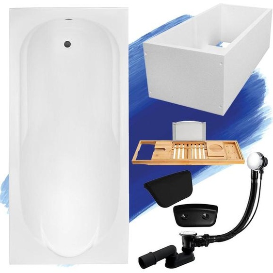 Baignoire rectangulaire 190x80 avec vidage et pieds S + support de baignoire + tablette en bois de bambou + appuie-tête en noir | BADLAND BONA