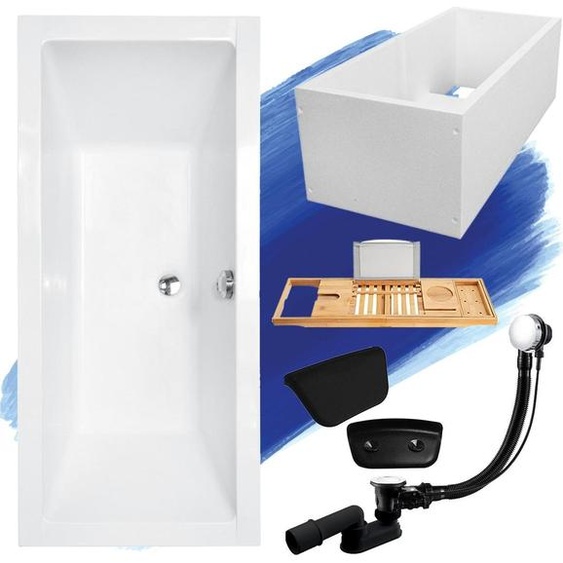 Baignoire rectangulaire Set 5in1 180x80 avec vidage et pieds S + support de baignoire + tablette en bois de bambou + appuie-tête en noir | BADLAND QUADRO