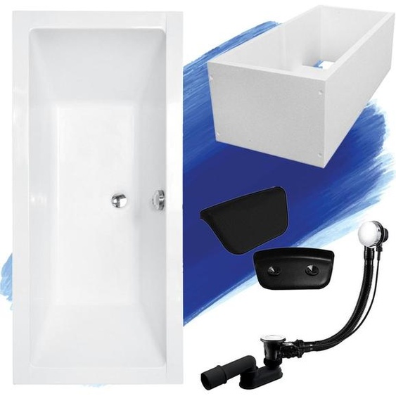 Baignoire rectangulaire Set 5in1 180x80 avec vidage Premium et pieds S + support de baignoire + appui-tête en noir | BADLAND QUADRO