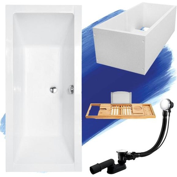Baignoire rectangulaire Set 5in1 180x80 avec vidage Premium et pieds S + support de baignoire + étagère en bois de bambou | BADLAND QUADRO