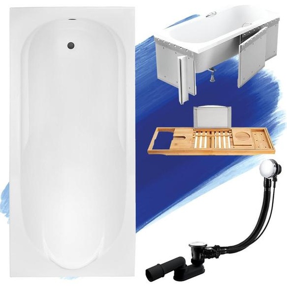 Baignoire rectangulaire Set 5in1 190x80 avec vidage Premium et pieds S + habillage (polystyrène) + étagère en bois de bambou | BADLAND BONA