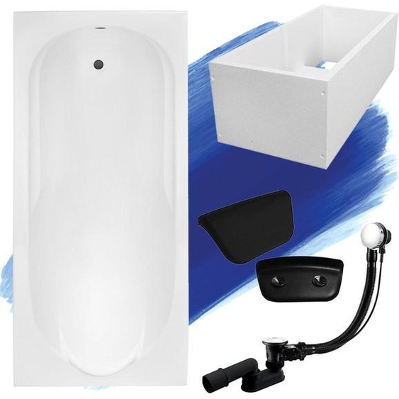 Baignoire rectangulaire Set 5in1 190x80 avec vidage Premium et pieds S + support de baignoire + appui-tête en noir | BADLAND BONA