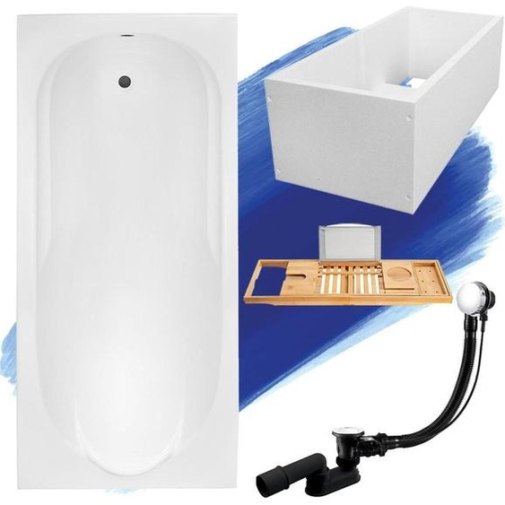 Baignoire rectangulaire Set 5in1 190x80 avec vidage Premium et pieds S + support de baignoire + étagère en bois de bambou | BADLAND BONA