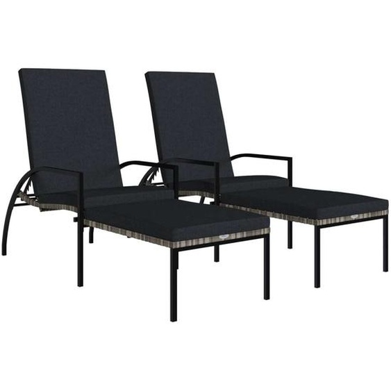 Bain de soleil 2 pcs. avec repose-pieds rotin PE gris