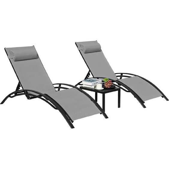 Bain de soleil en aluminium, set de 3 pièces avec table, réglable en 5 positions, gris foncé pour jardin & piscine