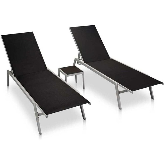 Bains de soleil 2 pcs. avec table acier et textilène noir