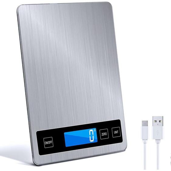 Balance de cuisine numérique 15kg avec afficheur LCD + acier inoxydable + verre trempé - Précision jusquà 1g - g/kg/lb:oz/ml/floz -batterie