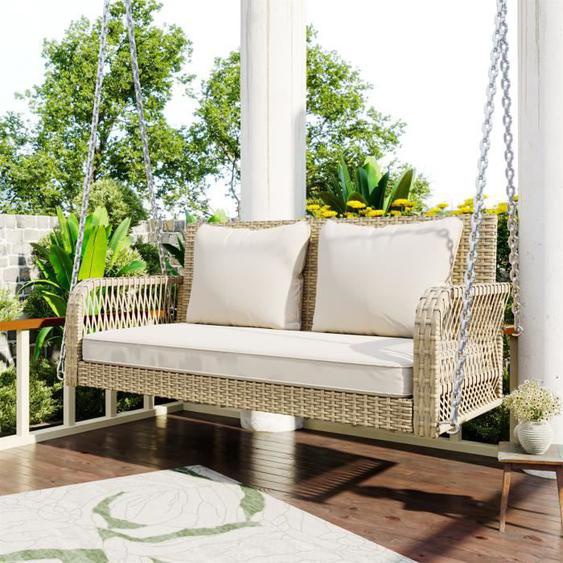 Balancelle,Balançoire 2 places en rotin PE pour jardin extérieur,avec coussins et 2 chaînes,charge 160 kg, Beige