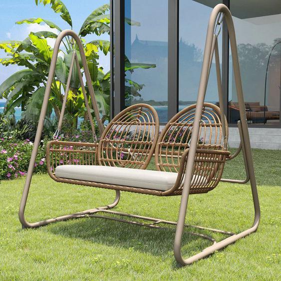 Balancelle de jardin 2 personnes en rotin PE avec dossiersalon de jardin chaise à bascule dextérieur corde de maintien  Marron