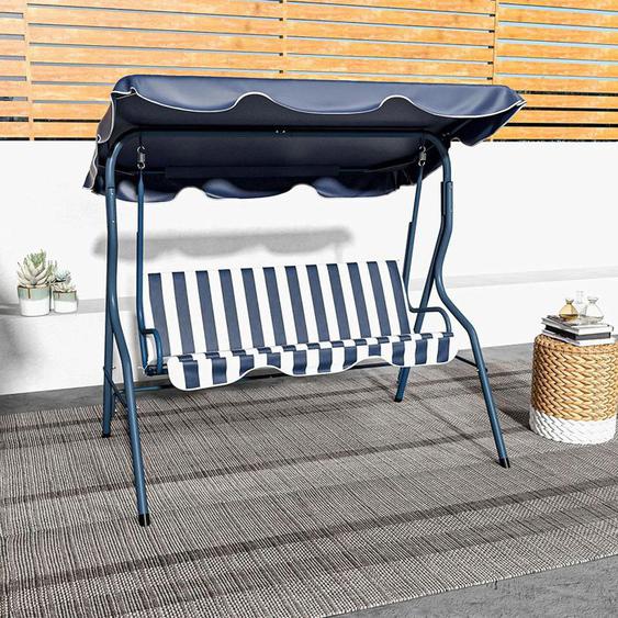 Balancelle de jardin 3 places toit imperméable inclinable coussins assise et dossier rayés Bleu et Blanc
