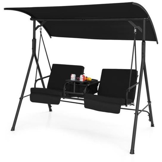 COSTWAY Balancelle Jardin pour 2 Places 181x124x161,5  CM Auvent Réglable à 240°-Sac Isotherme-Plateau Rotatif 360°-120kg Noir