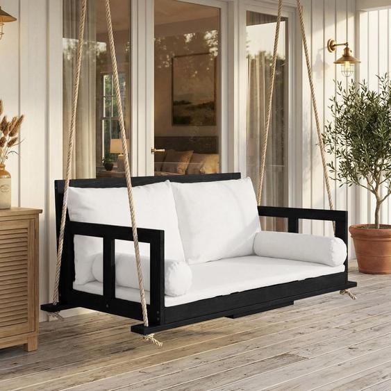 Balançoire suspendue Merax à deux places en bois dacacia, balançoire de jardin avec coussins, mobilier de jardin avec 2 cordes, amovibles et lavables, noir + beige