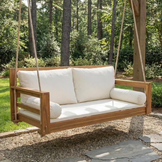 Balançoire suspendue Merax à deux places en bois dacacia massif, balançoire de jardin avec coussins, mobilier de jardin avec 2 cordes, amovibles et lavables, couleur naturel + beige