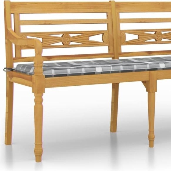 Banc Batavia coussin à motif de carreaux gris 150cm Bois teck