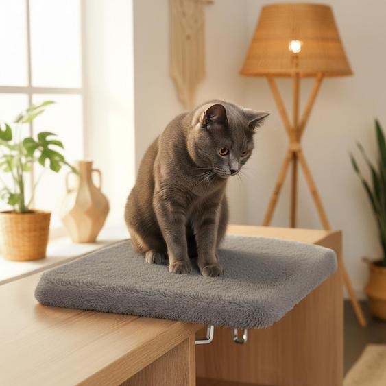 Banc de fenêtre pour chat Belviona, confortable et peu encombrant, avec rembourrage en peluche et pinces à vis, montage sans perçage, 35 x 50 cm, gris foncé