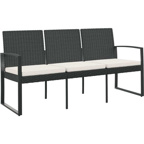 Banc de jardin à 3 places avec coussins noir rotin PP