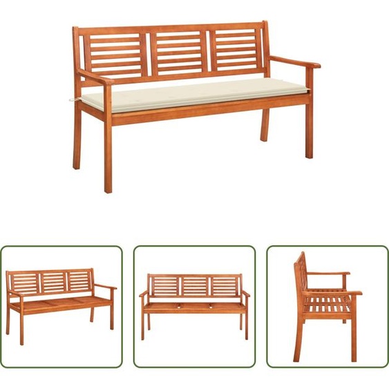 Banc de jardin 3 places The Living Store avec coussin, 150 cm, en bois massif deucalyptus