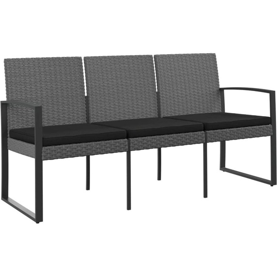 Banc de jardin à 3 places et coussins gris foncé PP rotin