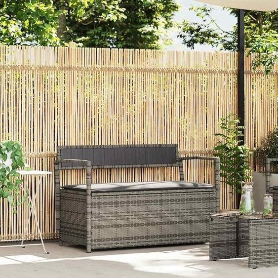 Banc de jardin avec rangement et coussin, gris, en polyrotin résistant aux intempéries. Banc dextérieur avec rangement et coussin amovible, idéal pour terrasse, balcon ou véranda