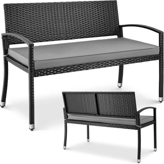 Banc de jardin - Banc de jardin 2 places en polyrotin - Résistant aux intempéries, structure en acier, coussins dassise, capacité de charge de 320 kg, 122 x 60 x 90 cm, avec accoudoirs - Noir