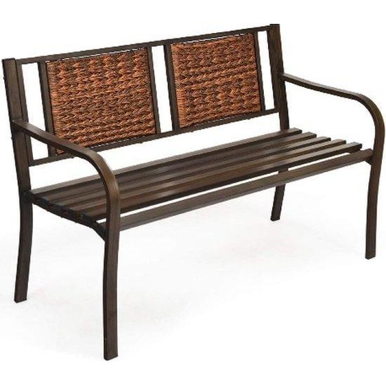 Banc de jardin, banc de terrasse avec assise en rotin et accoudoirs incurvés, modèle en acier pour cour intérieure ou balcon