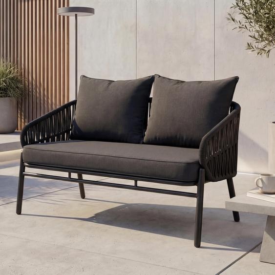 Banc de jardin en aluminium HWC-P90, canapé de jardin, banc dextérieur, tressage en corde, tissu/textile (180 g/m²) ~ anthracite