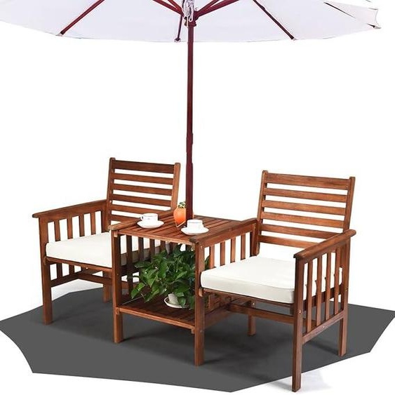 Banc de jardin en bois dacacia avec trou pour parasol et table, banc de parc, ensemble de sièges pour jardin, balcon et terrasse (blanc). Dimensions : 165 x 65 x 88 cm
