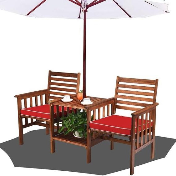 Banc de jardin en bois dacacia avec trou pour parasol et table, banc de parc, ensemble de sièges pour jardin, balcon et terrasse (rouge). Dimensions : 165 x 65 x 88 cm