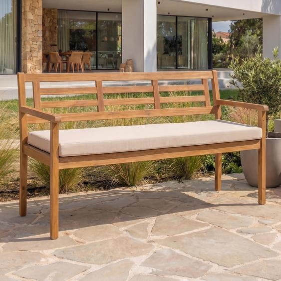 Banc de jardin HWC-N47, banc de parc Banc en bois, bois massif dacacia MVG ~ coussin crème-beige