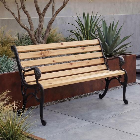 Banc de jardin HWC-O25, banc public, banc en bois 2 places, fonte, bois de pin, 132 cm ~ naturel