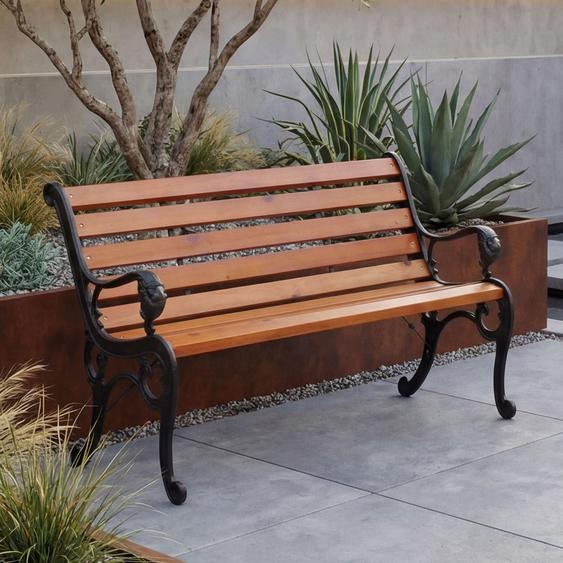 Banc de jardin HWC-O25, banc public, banc en bois 2 places, fonte, bois de pin, 132 cm ~ teck