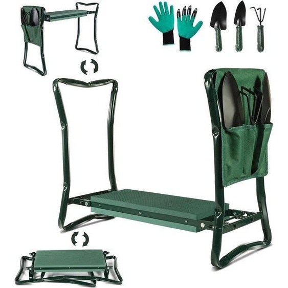 Banc de jardin pliable Unyqoos® – siège et repose-genoux avec coussin en mousse EVA de 40,5 x 15,4 cm, structure en acier, inclut 3 outils de jardin, des gants et une sacoche, capacité de 150 kg