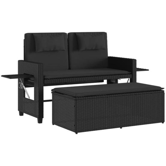 Banc inclinable de jardin avec coussins noir résine tressée