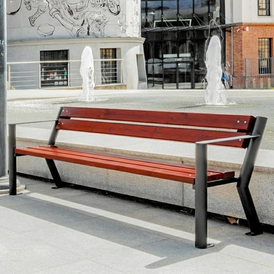 Banc de jardin REKORD Gladiator avec accoudoirs, acajou, 185 x 59 x 73 cm, robuste, ergonomique, résistant aux intempéries, acier, bois dépicéa scandinave