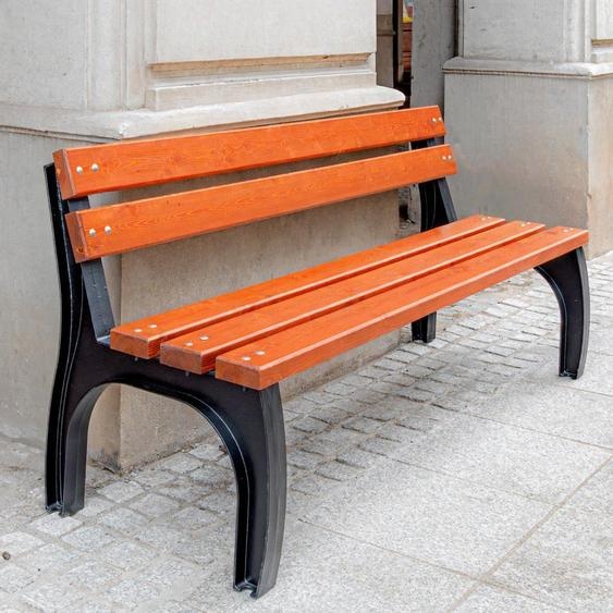 Banc de jardin REKORD Split en acajou 170 x 56 x 75 cm en bois massif dépicéa scandinave et fonte - Banc public résistant aux intempéries