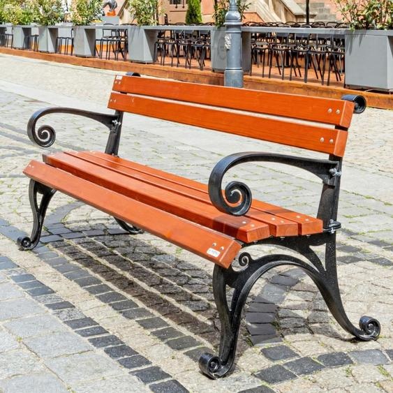 Banc de jardin REKORD Wiedenska avec accoudoirs, acajou, 170 x 59 x 73 cm, fonte massive et bois dépicéa scandinave, résistant aux intempéries, pour le jardin et la terrasse