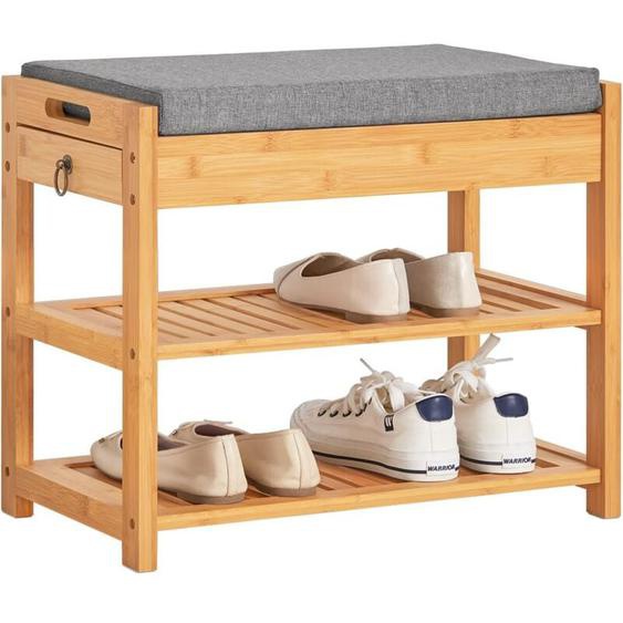 Banc de Rangement Chaussures 3-en-1 en Bambou Massif avec Tiroir Secret + Siège Rembourré, pour Entrée Étroite/Dressing, L55xP30xH46cm, Naturel,